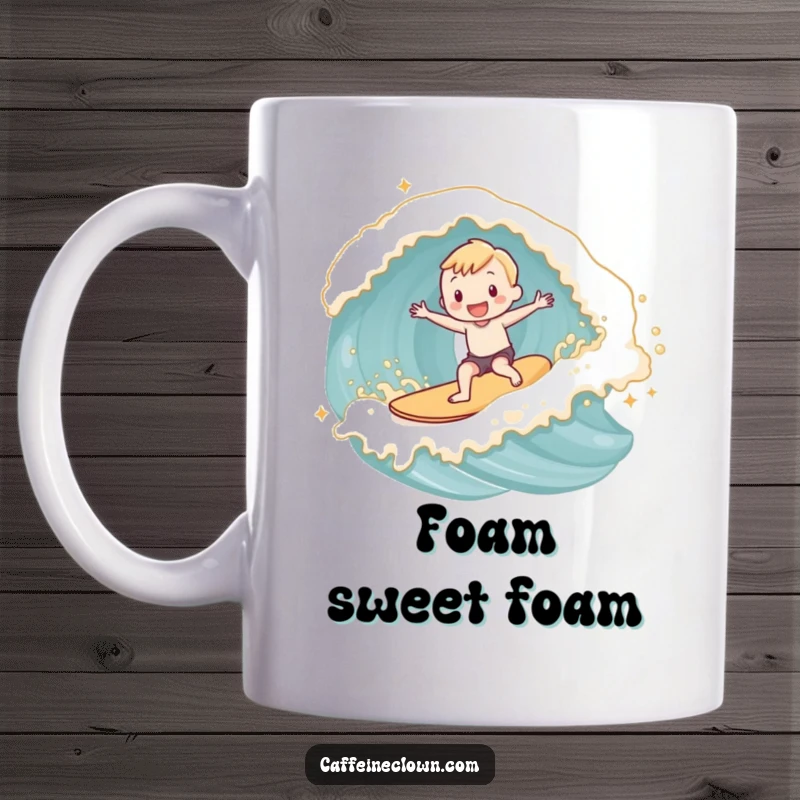 Funny adorable subject joyfully surfing a wave made of latte foam on a cheerful coffee mug.