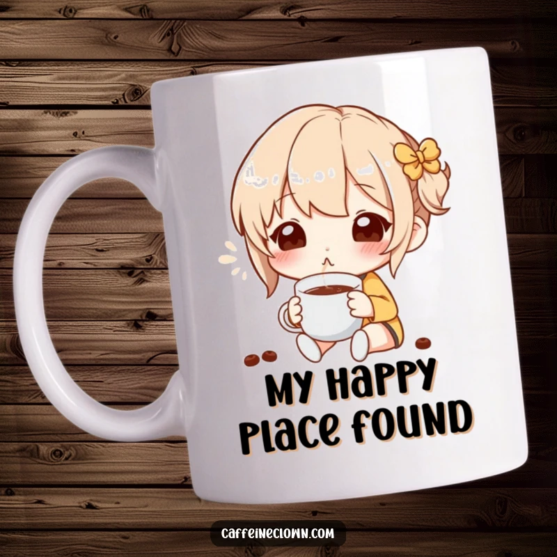 Funny Mug showing a character inhaling coffee aroma with blissful eyes, capturing the peaceful joy of a perfect brew.