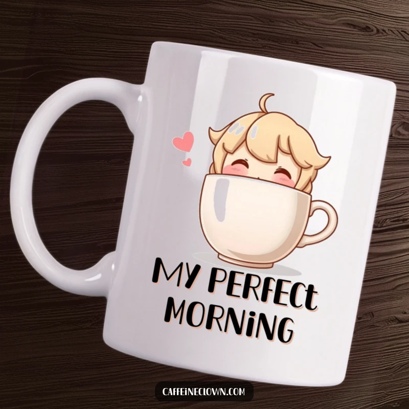 Funny mug featuring a blushing character happily sipping from a comically oversized coffee cup, capturing a moment of pure coffee bliss.