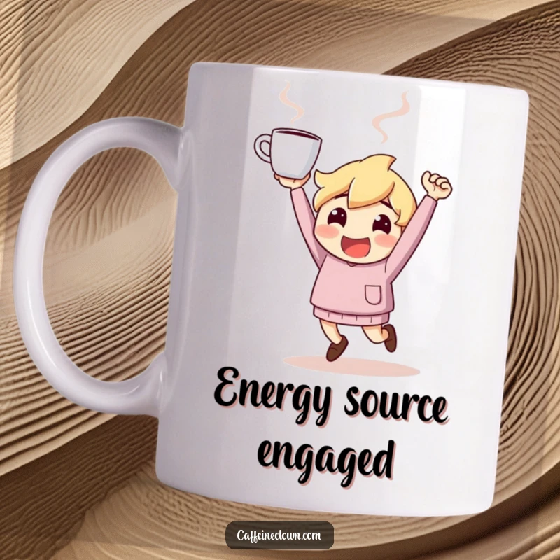 Funny Mug: Character bounces with pure energy, holding a steaming coffee cup high, symbolizing morning exhilaration.