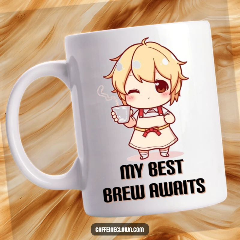 Funny mug of a character in an apron, proudly holding up a steaming cup, celebrating cooking and warm drinks.