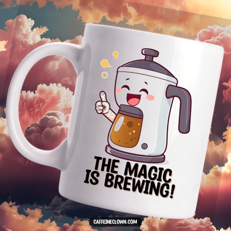 Funny mug featuring a joyful character excitedly pointing towards a bubbling, steaming coffee pot, signaling fresh coffee is ready.