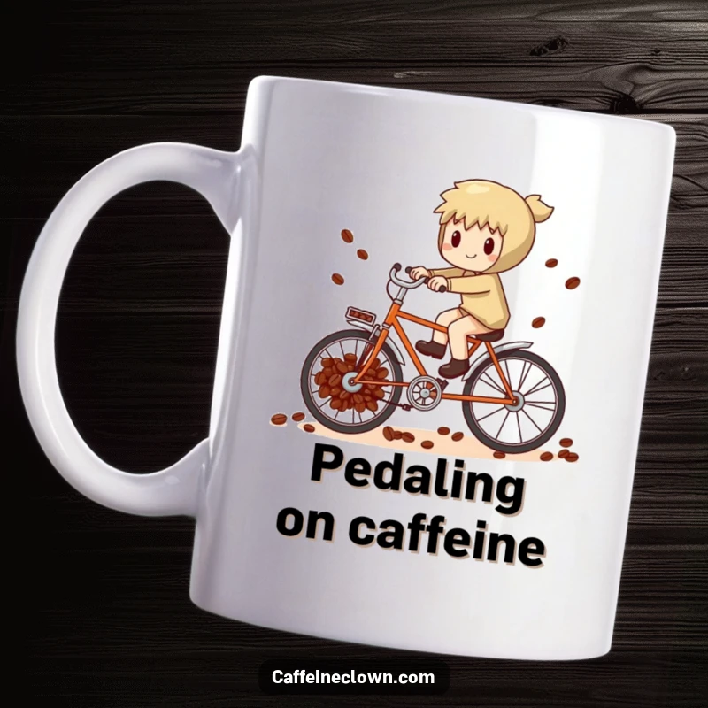 Funny whimsical character attempting to pedal a bicycle powered by coffee beans on a humorous mug.