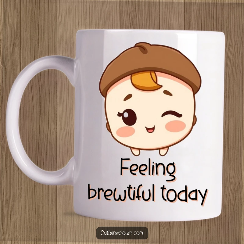 Funny coffee mug with a character wearing a coffee bean hat, winking suggestively with a happy smile.