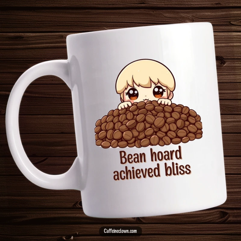 Funny mug featuring a character peeking excitedly over a huge pile of coffee beans, showing extreme delight and caffeine anticipation.