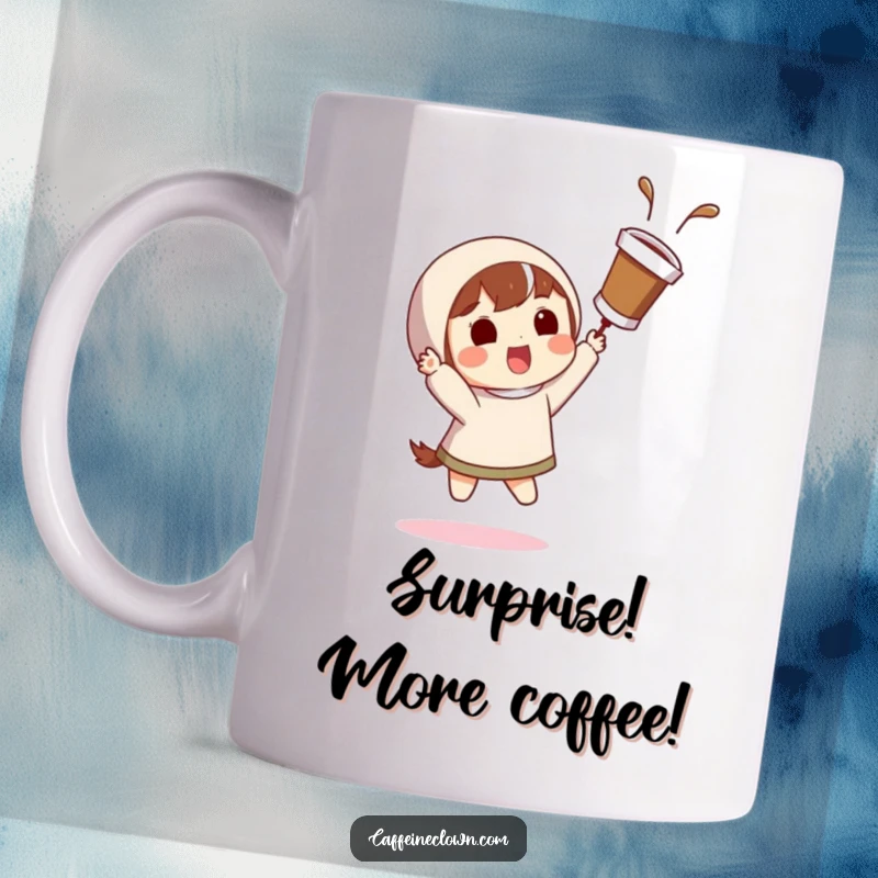 Funny coffee mug depicting a character with a surprised grin, expertly catching a flying coffee cup.