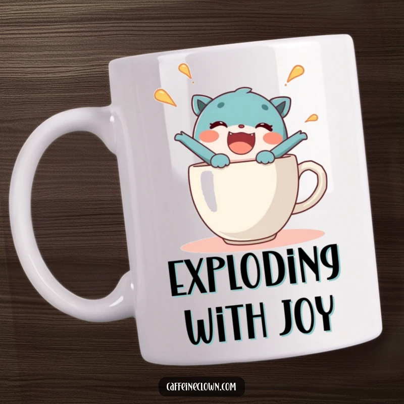 Funny mug featuring a delighted character joyfully bursting out of a steaming coffee cup, expressing pure caffeine-induced elation.