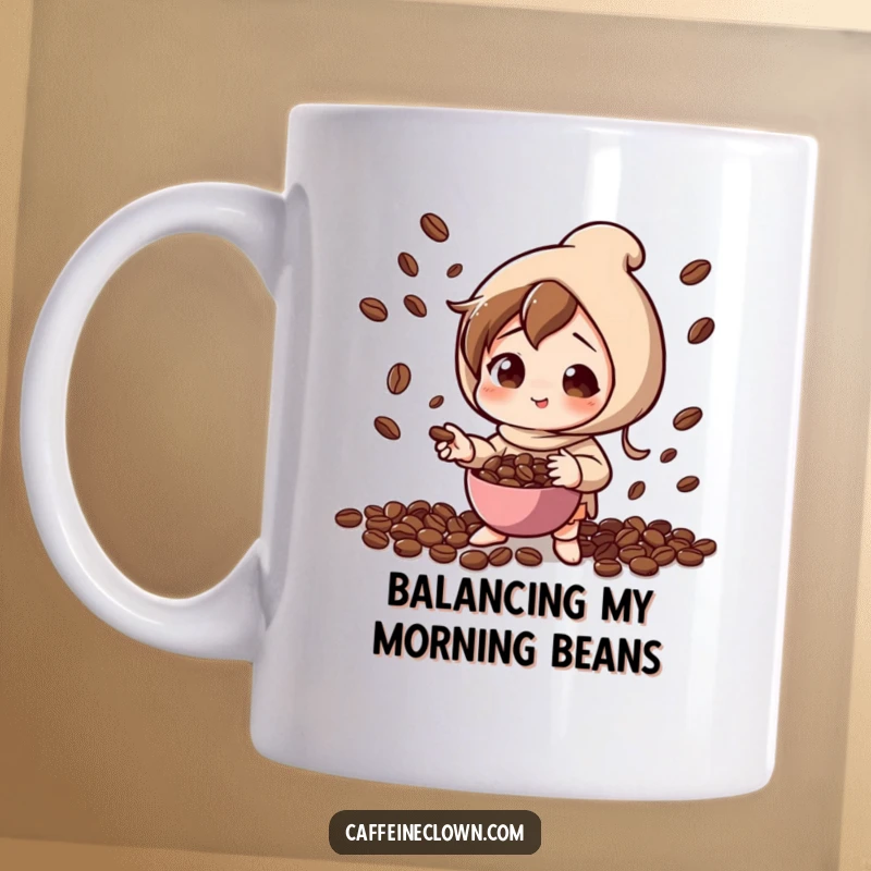 Funny mug featuring a character playfully concentrating while juggling coffee beans, symbolizing skill and coffee enthusiasm.