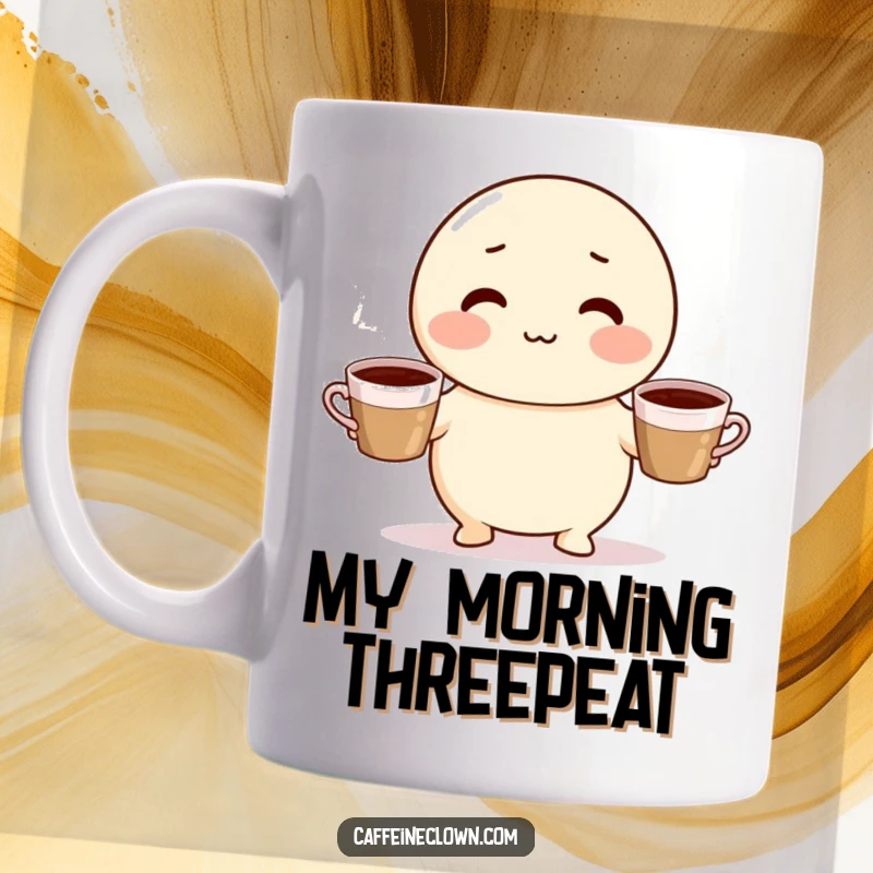 Funny mug featuring a cute, round character with rosy cheeks, energetically juggling three steaming coffee cups, embodying morning caffeine enthusiasm.