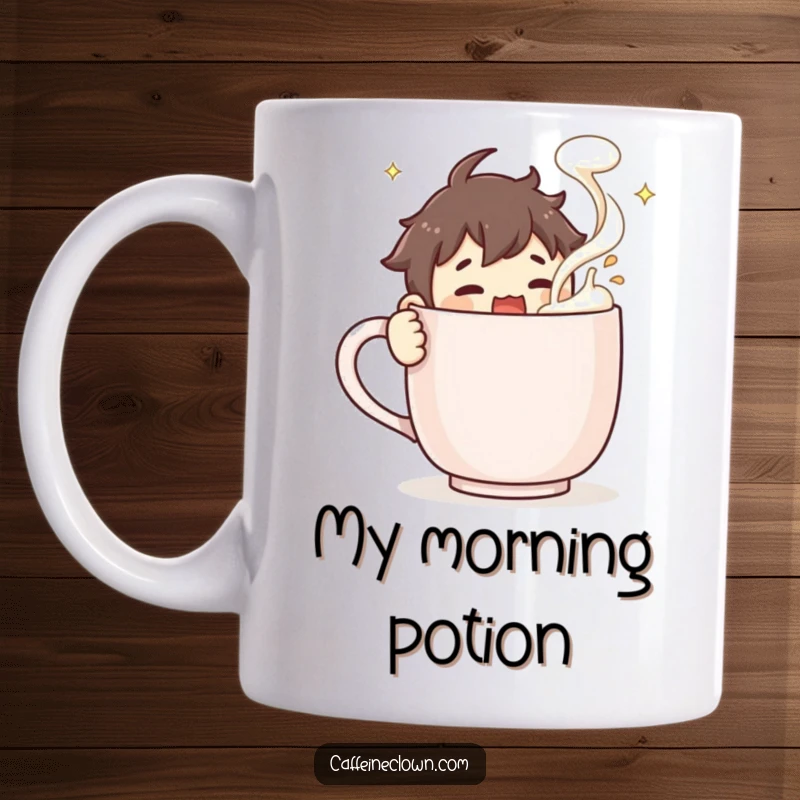 Funny Mug: Energetic character enthusiastically stirring a giant steaming coffee mug, with froth flying everywhere, capturing pure caffeine joy.