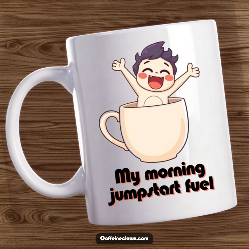 Funny mug featuring a cartoon character joyfully leaping out of a steaming coffee cup, full of morning energy and excitement.