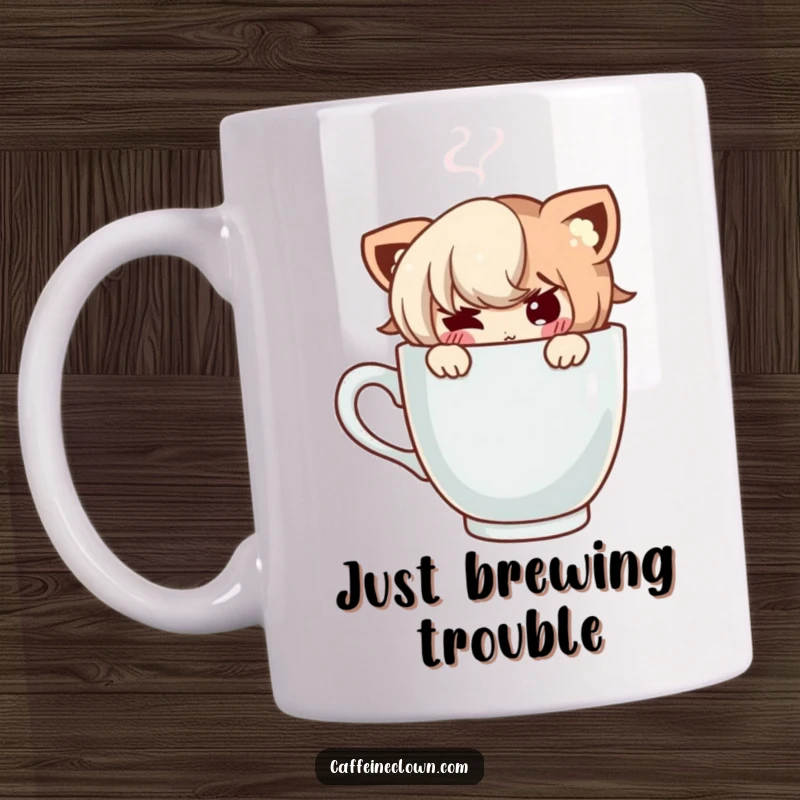 Funny mug with a character slyly peeking from behind a steaming coffee cup, sporting a mischievous and playful grin.