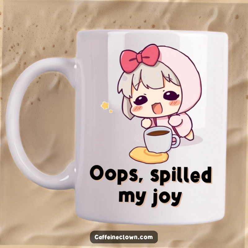 Funny mug depicting a character tripping and spilling a tiny coffee cup, showing a surprised blush and relatable clumsiness.