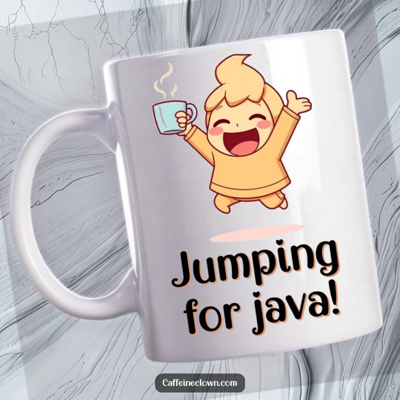 Funny Mug with an ecstatic character bouncing with energy, holding a steaming coffee cup triumphantly in the air.