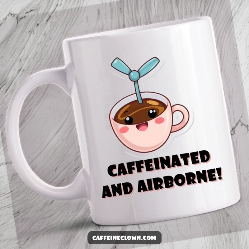 Funny coffee mug with a cheerful expression and a tiny propeller, flying erratically, a whimsical beverage holder.