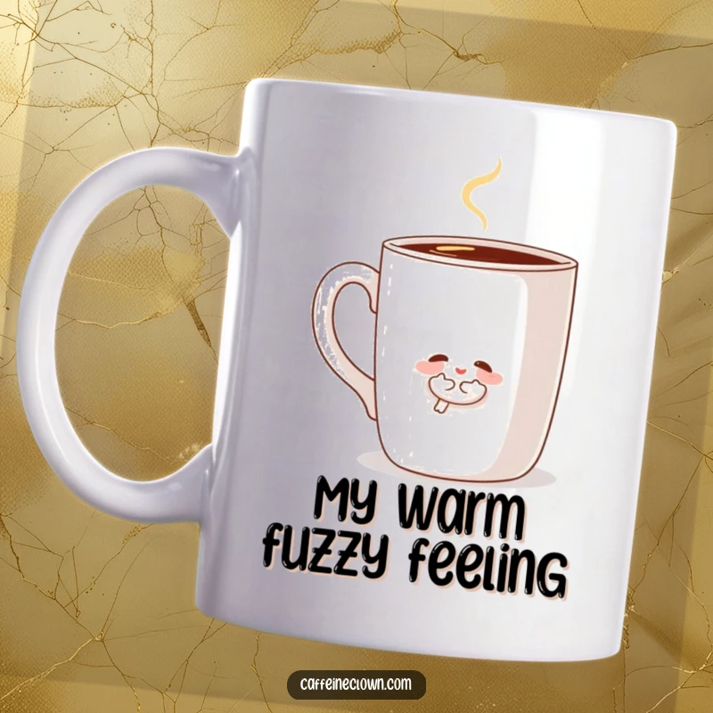 Funny mug featuring a cute character giving a giant, steaming coffee mug a big hug, radiating warmth and caffeine love.