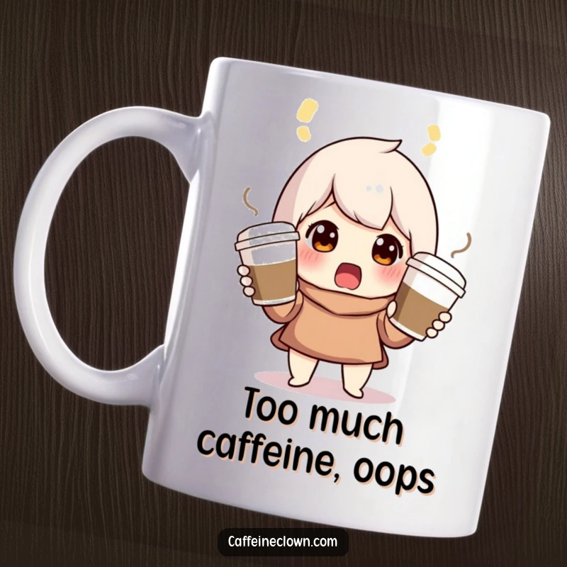 Funny mug showing a character surprised while juggling three coffee cups, representing a hectic but humorous situation.