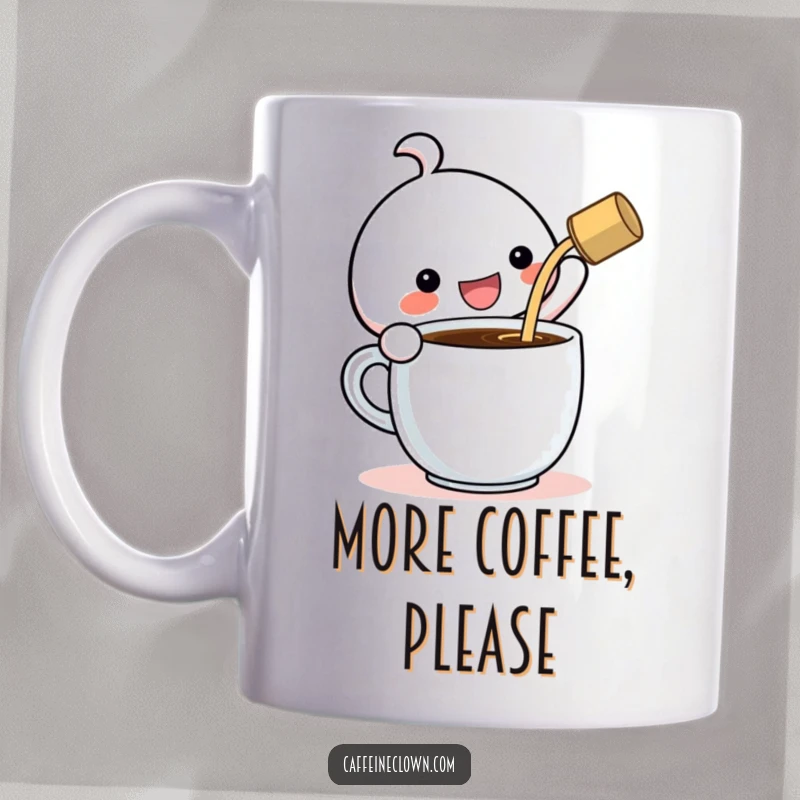 Funny Mug: Kawaii character gleefully pouring coffee into a gigantic cup with a huge smile, celebrating a massive caffeine boost.