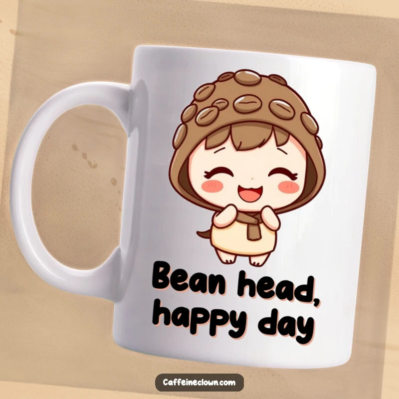 Funny kawaii mug showcasing a cute character wearing a coffee bean hat, giggling playfully with a sweet, infectious smile.