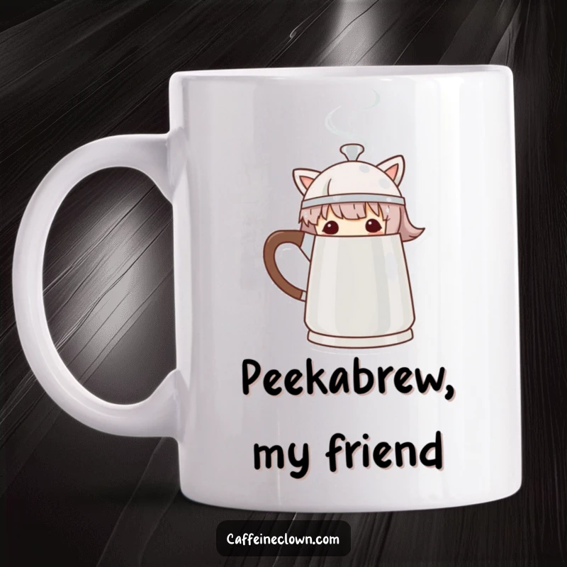 Funny Mug featuring a character peeking mischievously from behind a steaming coffee pot, a playful coffee reveal.