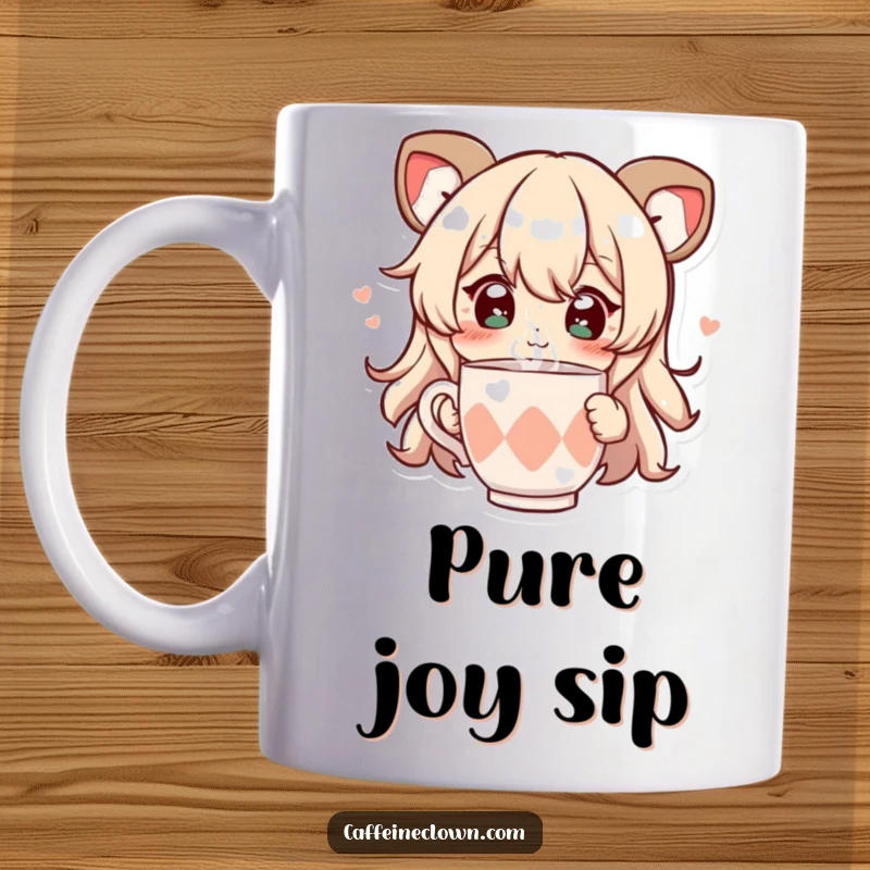Funny mug featuring a character with sparkling eyes, joyfully sipping from a steaming hot cup, embodying pure beverage bliss.