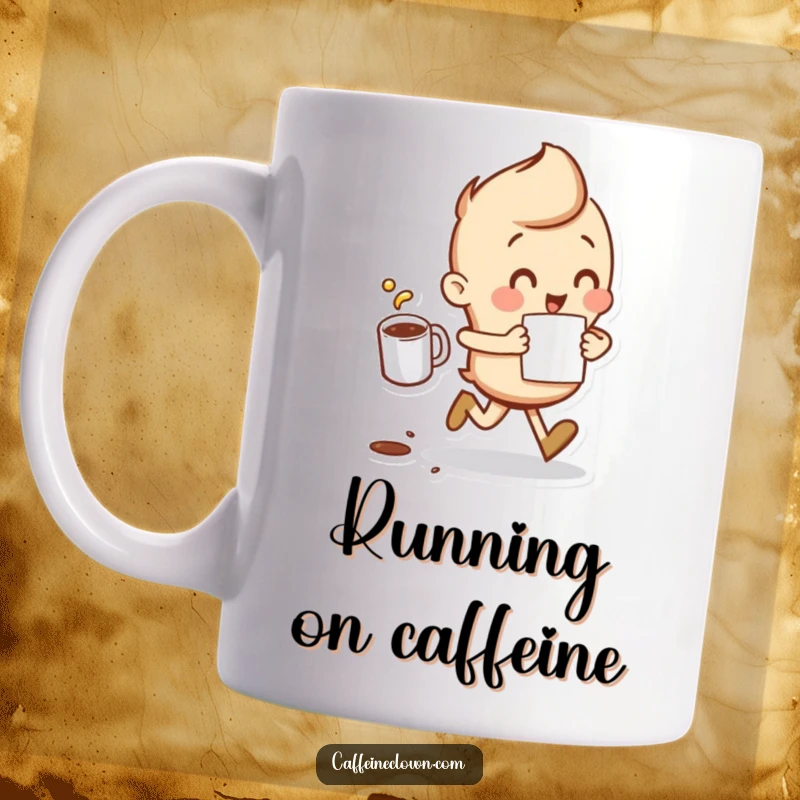 Funny Mug featuring a character running with a coffee cup, a small amount of coffee spilling, depicting morning rush.