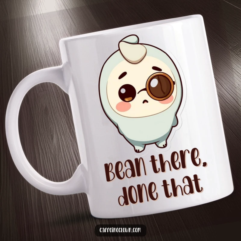 Funny Mug with a character wearing a coffee bean as a monocle, looking extremely surprised and wide-eyed.