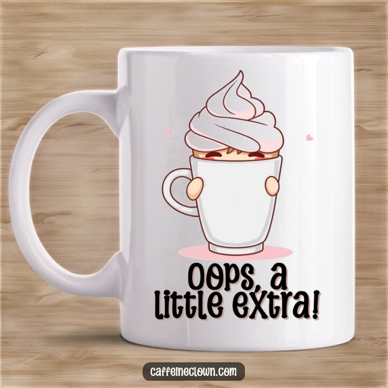 Funny Mug showing a character accidentally spraying whipped cream from a coffee cup while sipping, a messy moment.