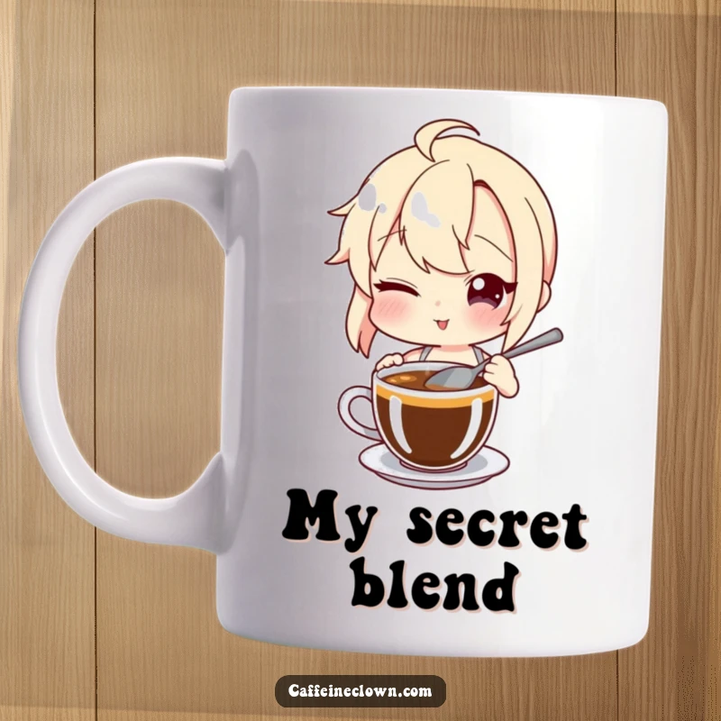 Funny Coffee Mug: Character winks slyly while stirring a hot cup of coffee with a spoon, conveying playful secrecy and enjoyment.