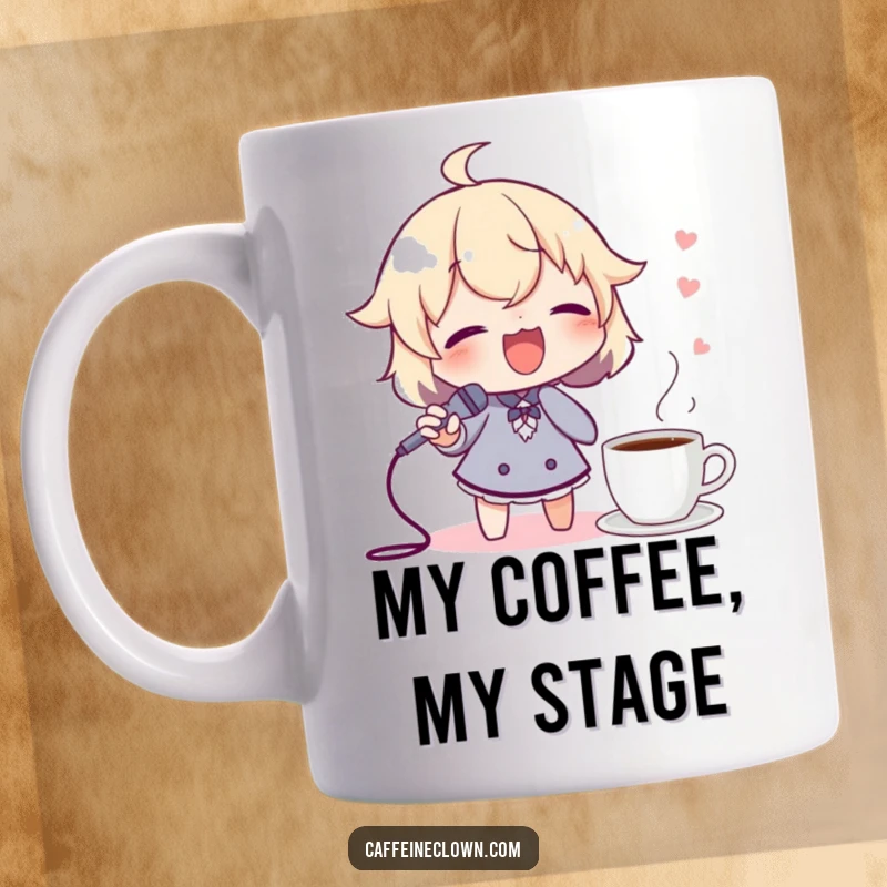 Funny mug with a character holding a spoon like a microphone, singing joyfully with a cup of coffee nearby, coffee enthusiast theme.