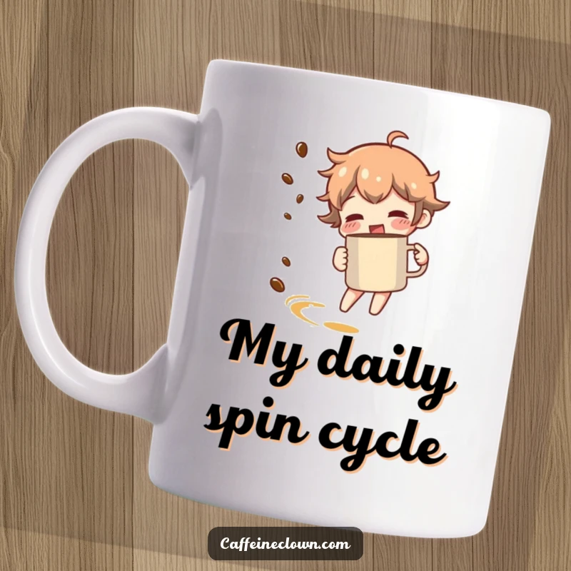 Funny mug showing a character spinning joyfully with a coffee mug, leaving a visible trail of aromatic coffee essence.