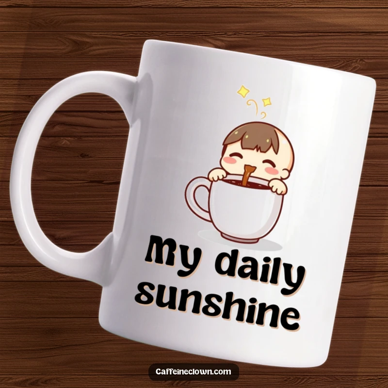 Funny mug showing a small, joyful character pouring steaming coffee into a mug with a happy expression.