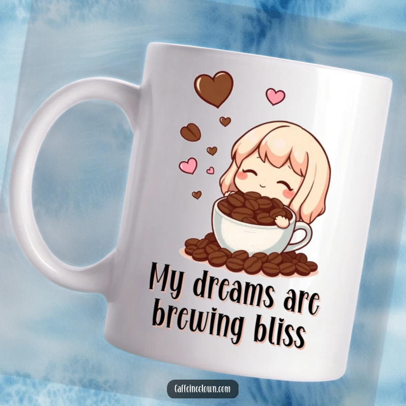 Funny coffee mug with a character dreaming of coffee beans and tiny floating hearts, expressing pure coffee adoration.