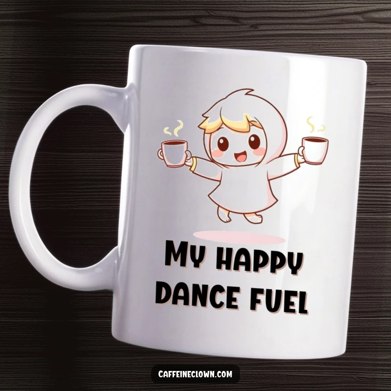 Funny mug with a small, energetic character joyfully dancing, holding a steaming coffee cup in each hand, expressing pure coffee delight.