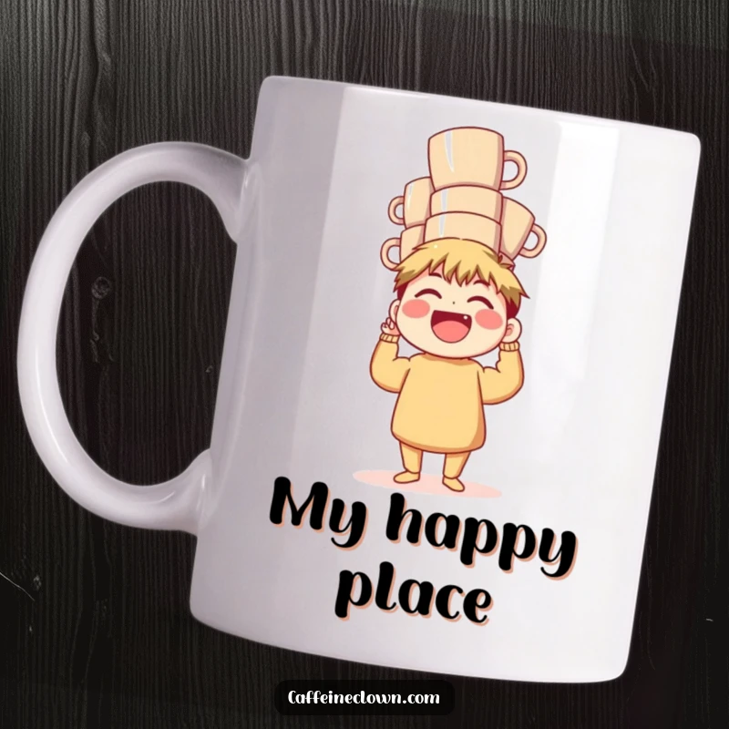 Funny Coffee Mug: Character laughs heartily while precariously balancing a tall stack of coffee mugs, showcasing coffee dedication.