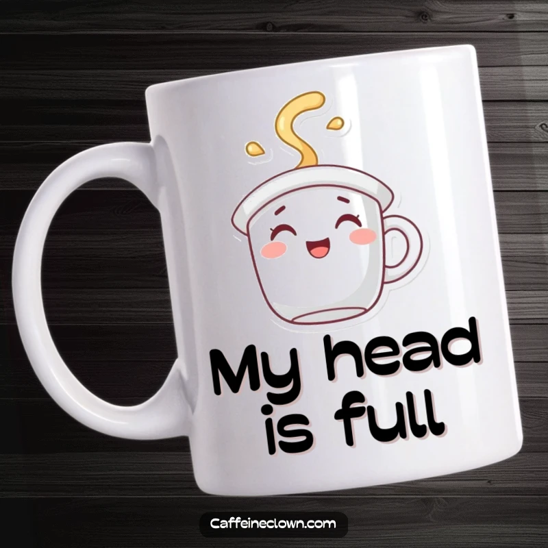 Funny Mug with a character whose hat is a spilling coffee mug, exuding joyful steam, perfect for a morning pick-me-up.