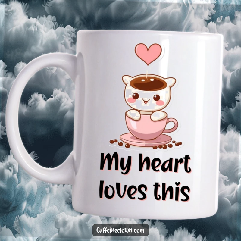 Funny Mug with coffee steam rising in a perfect heart shape above a cup, symbolizing love for coffee.