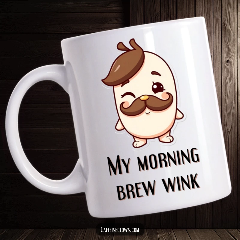 Funny mug featuring a character sporting a coffee mustache and giving a cheeky wink, embodying playful sophistication and coffee enjoyment.