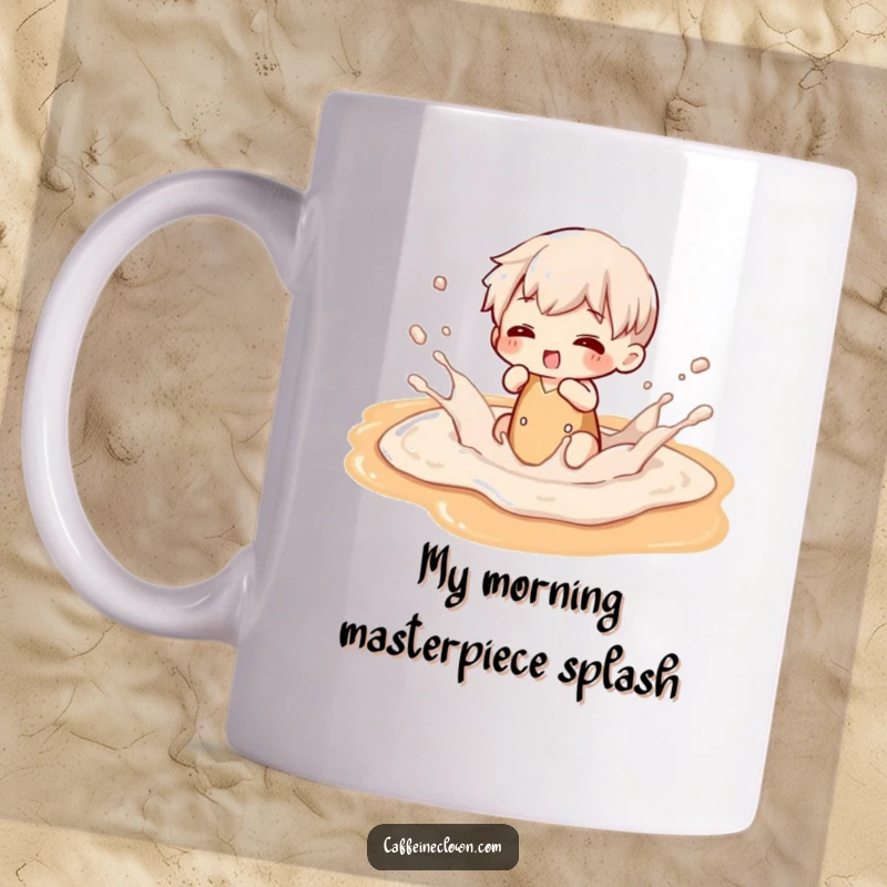 Funny mug featuring a character gleefully splashing in a puddle of delicious latte art, expressing pure joy and coffee obsession.