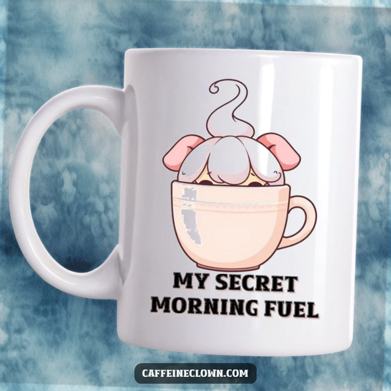 Funny mug featuring a shy character peeking over a steaming coffee cup, conveying playful anticipation and a love for hidden caffeine.