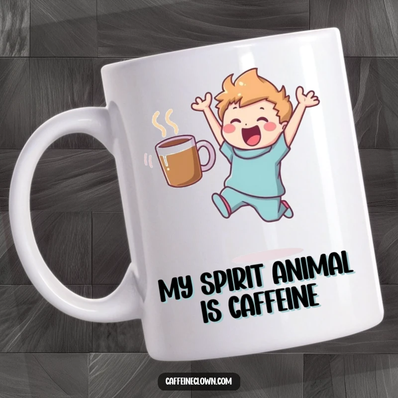 Funny mug featuring a charming figure leaping with pure joy, a coffee cup magically floating nearby, expressing ultimate caffeine happiness.