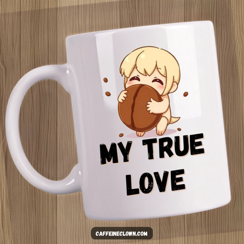Funny Mug: Character embraces a giant coffee bean, eyes sparkling with pure delight and adoration, a coffee lover's dream.