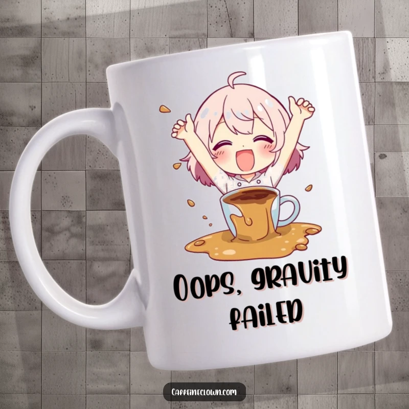 Funny mug showing a character happily flailing their arms while spilling coffee, embodying joyful chaos, a perfect coffee gift.