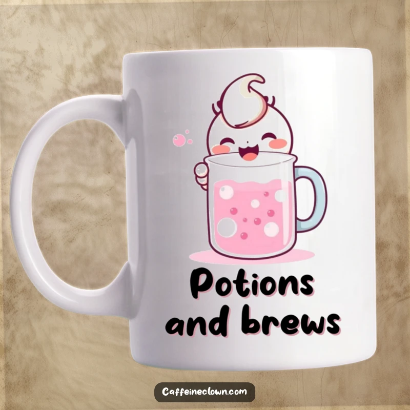 Funny mug with a kawaii character joyfully mixing colorful bubbling liquids in a large mug, embodying a cheerful alchemist.
