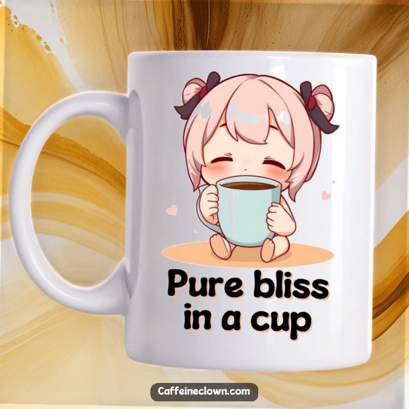 Funny coffee mug showing a character sipping coffee with eyes closed in complete, blissful enjoyment.