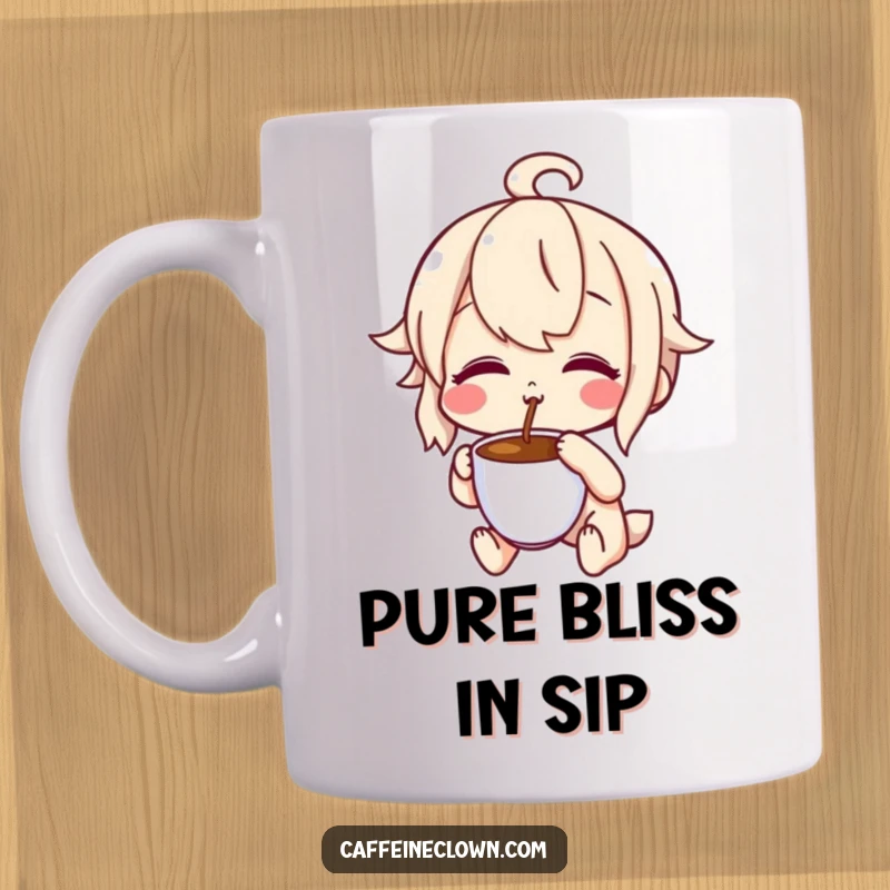 Funny mug showcasing a character with a delighted, puckered face after tasting coffee, capturing pure flavor joy, a perfect coffee gift.