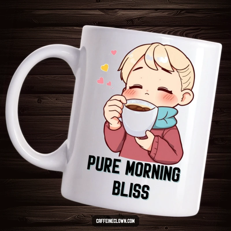 Funny mug of an enthusiastic character with eyes closed, blissfully savoring a delicious sip of coffee, capturing pure caffeine enjoyment.