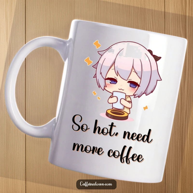 Funny coffee mug featuring a cute character dramatically fanning themselves with a coaster, looking incredibly overheated with a comical expression.