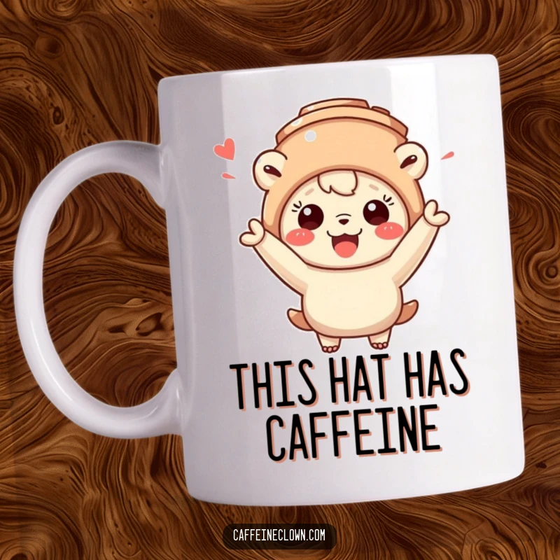 Funny mug art of a cute creature wearing a coffee mug as a hat and cheering enthusiastically, a symbol of coffee adoration.