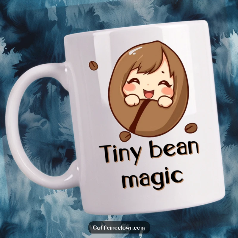 Funny mug showing a character curiously and cheerfully examining a coffee bean, embodying a love for coffee origins, a perfect gift.